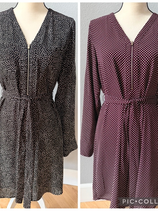 Express Dresses & Skirts - Express Lot of 2 Zip V-Neck Long Sleeve Polk Dot Shift Dresses Burgundy & Black